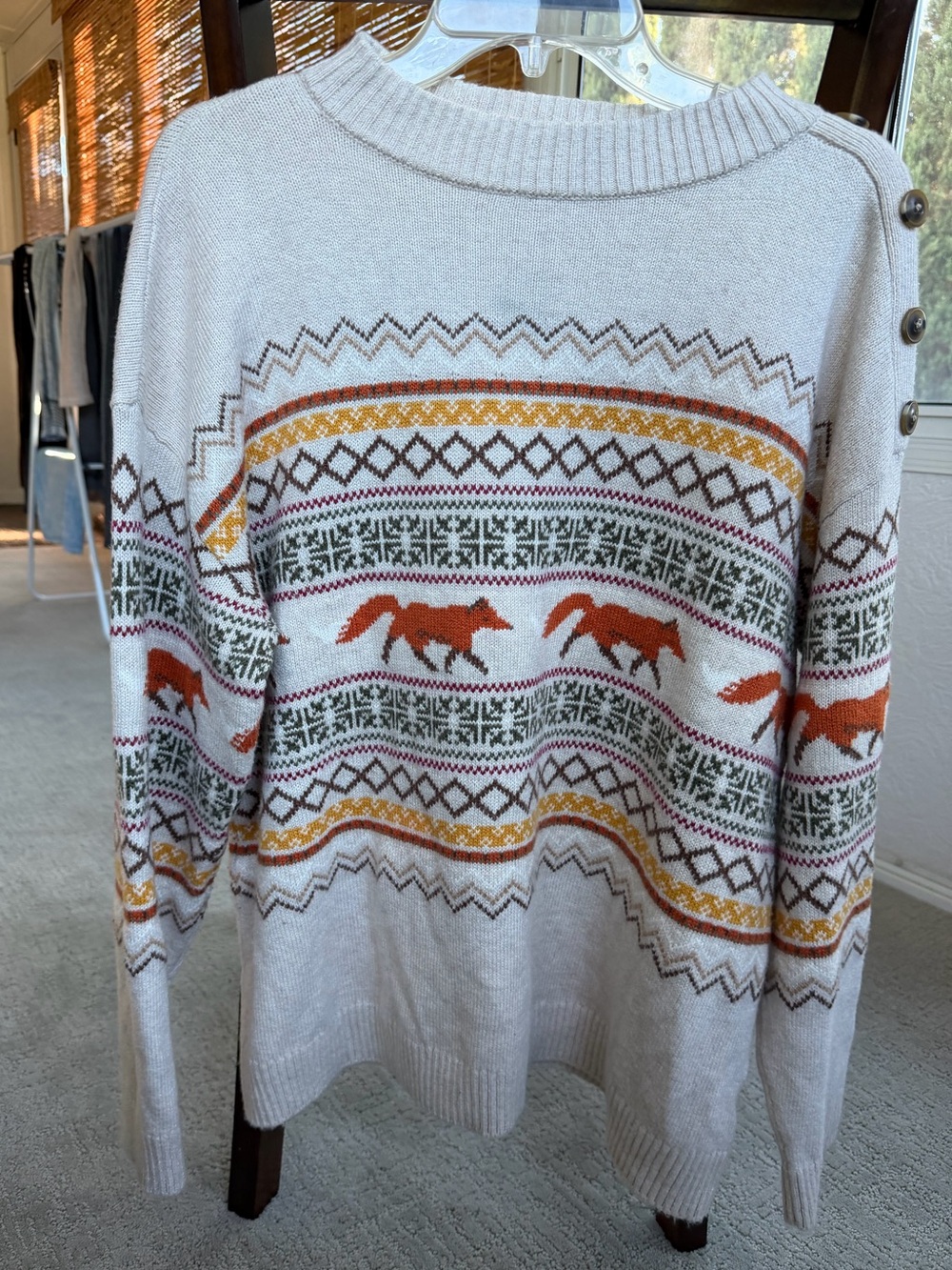 Talbots Fox Fair Isle Sweater XL Ivory Cotton Blend Shoulder Button Pullover - Picture 2 of 7